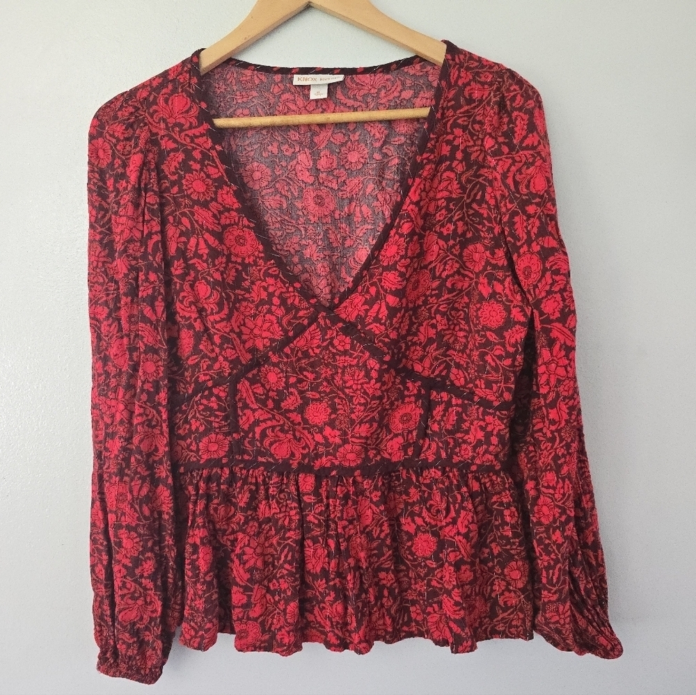 Knox Rose Babydoll Top Womens XL Red Rose Floral Boho Hippie Peasant Flowy